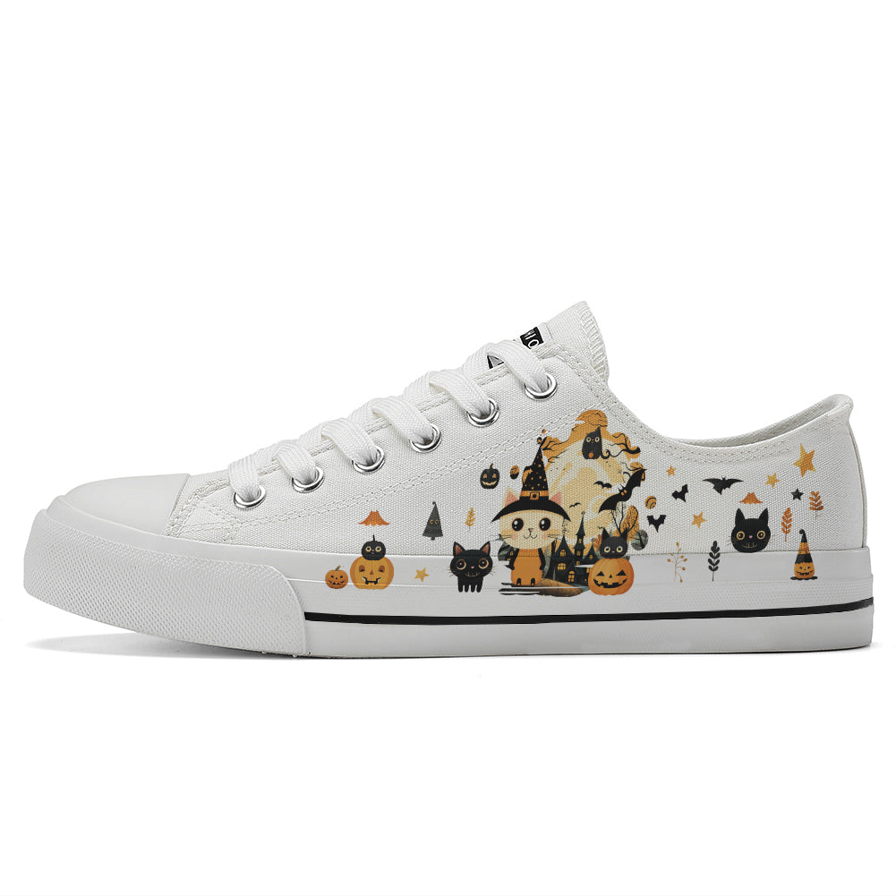 Halloween Castle Cat Kids Low Top Canvas Shoes