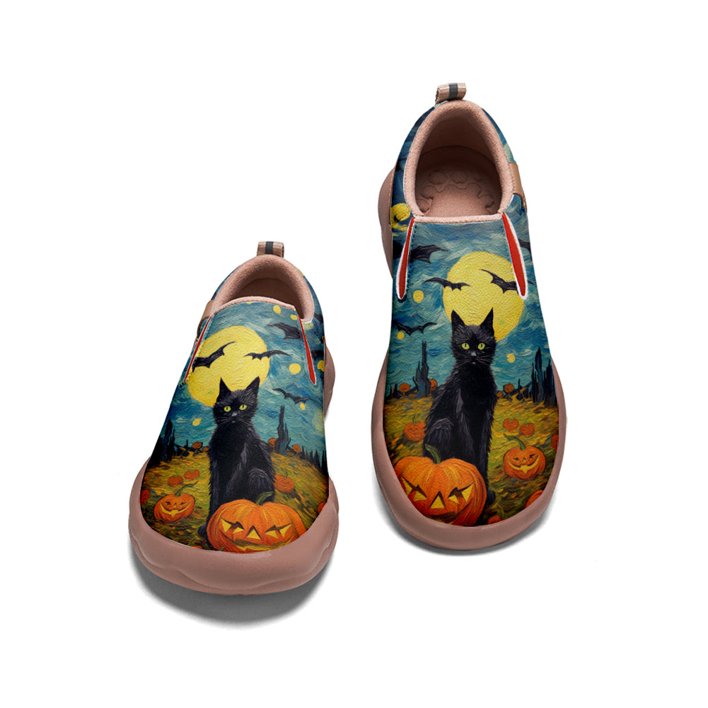 Starry Night Halloween Black Cat Pumpkin Slip On