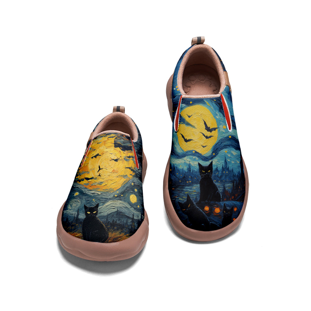 Starry Night Halloween Black Cat Slip On