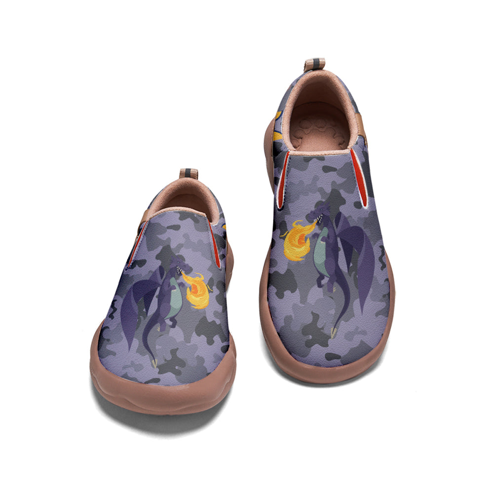 Purple Camouflage Fire Breathing Dinosaur Slip On