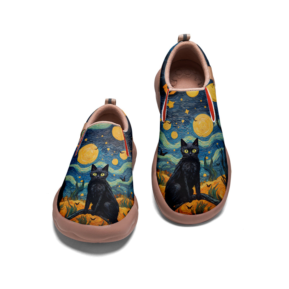 Starry Night Halloween Black Cat Kids Slip On