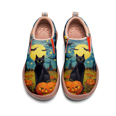 Starry Night Halloween Black Cat Pumpkin Slip On