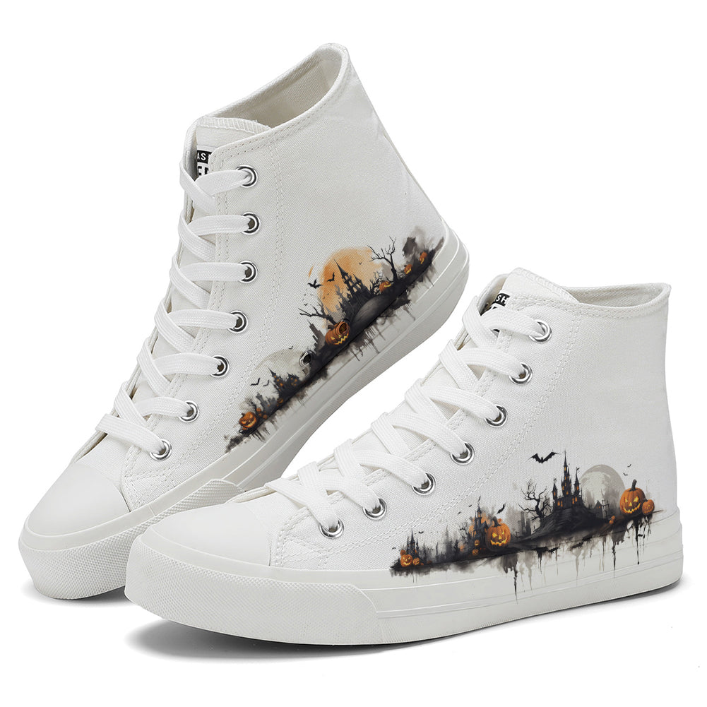 Halloween Ink Painting Pumpkin High Top Canvas Shoes