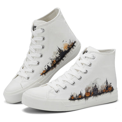 Halloween Ink Painting Pumpkin High Top Canvas Shoes