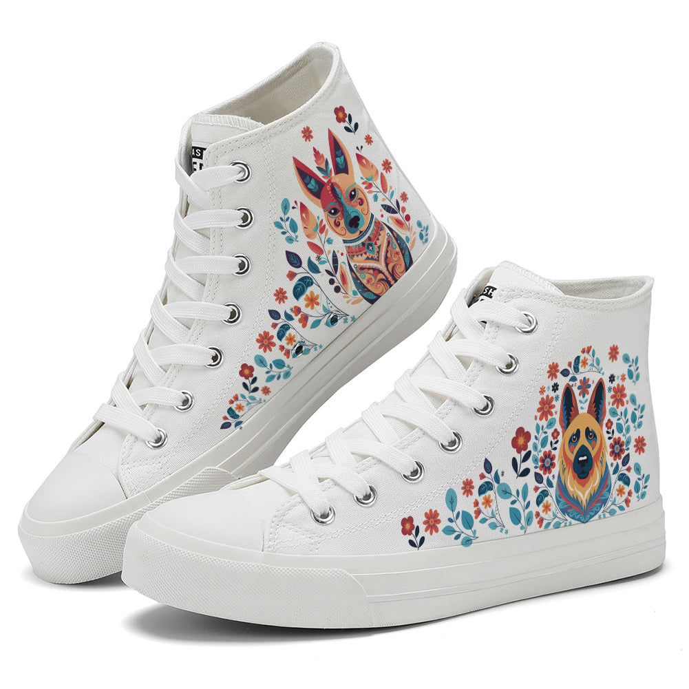 Floral German Shepherd High Top Canvas Shoes