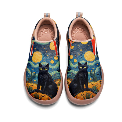 Starry Night Halloween Black Cat Kids Slip On