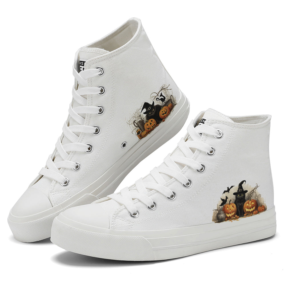 Halloween Black Cat Pumpkin High Top Canvas Shoes