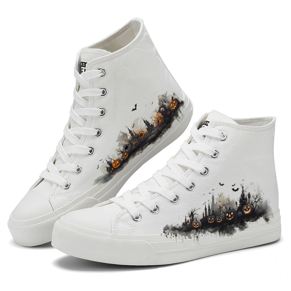 Halloween Ink Painting Pumpkin High Top Canvas Shoes