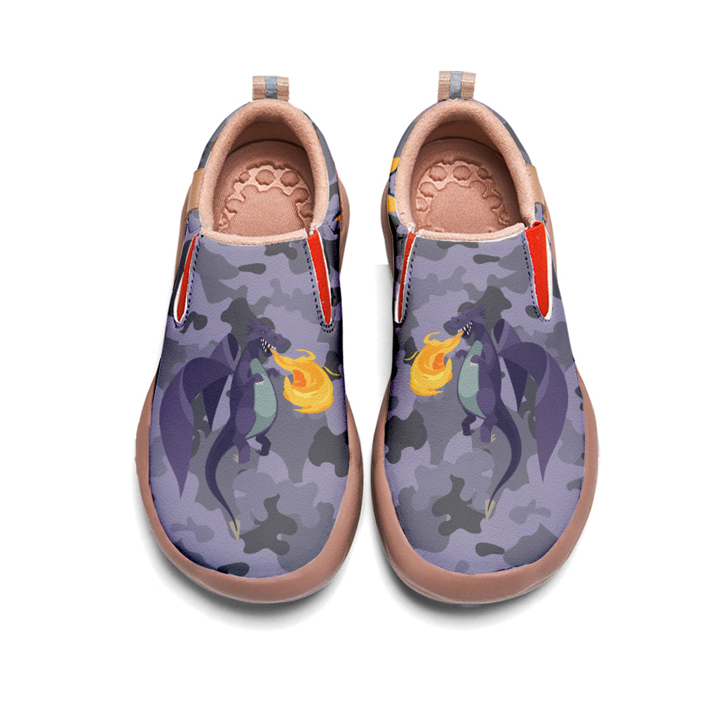 Purple Camouflage Fire Breathing Dinosaur Slip On