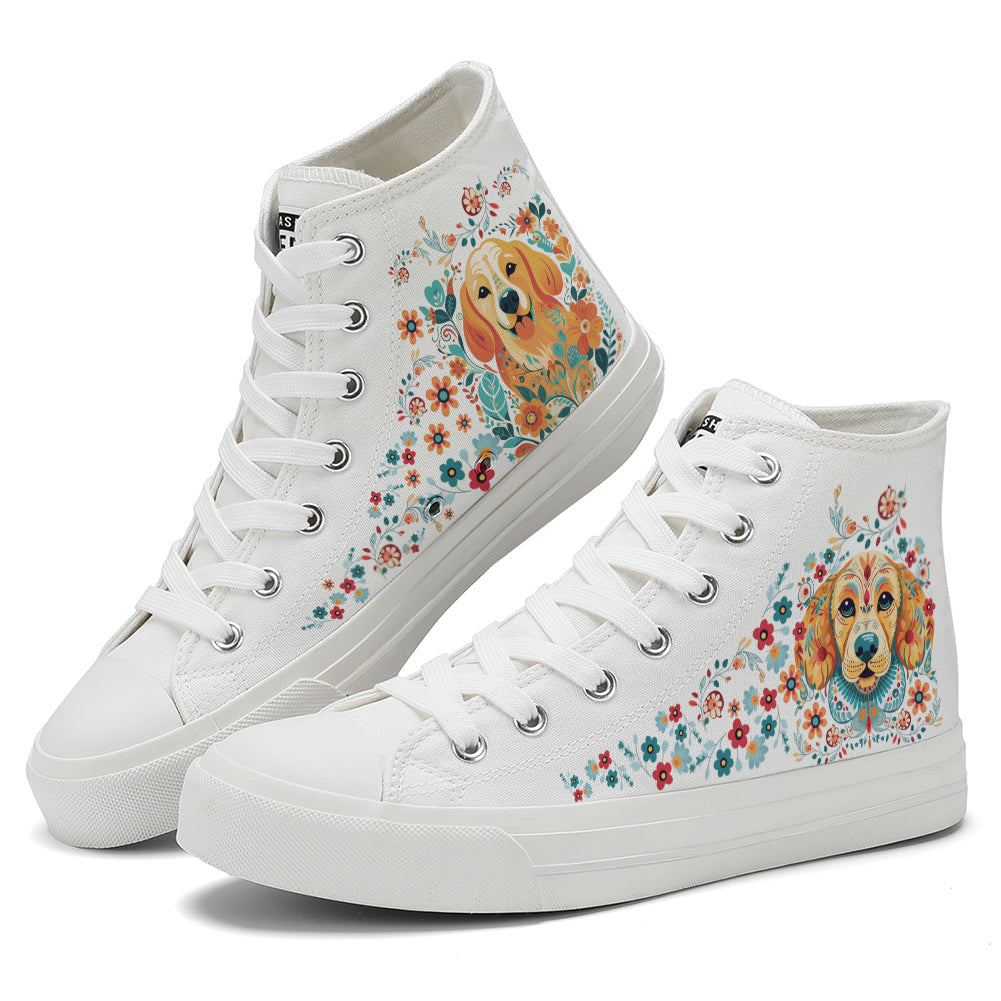 Floral Golden Retriever High Top Canvas Shoes