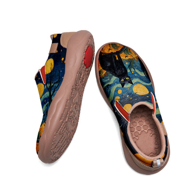 Starry Night Halloween Black Cat Kids Slip On