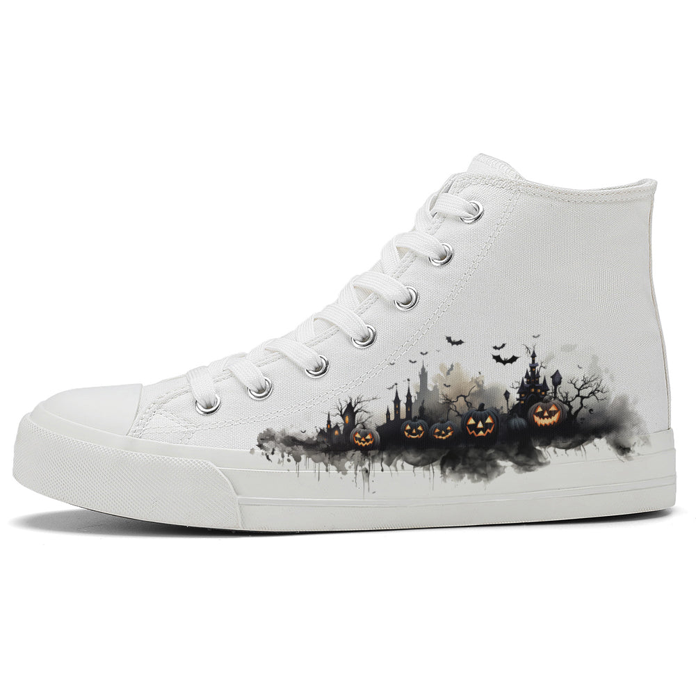 Halloween Ink Painting Pumpkin High Top Canvas Shoes