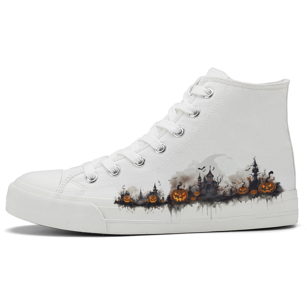 Halloween Ink Painting Pumpkin High Top Canvas Shoes