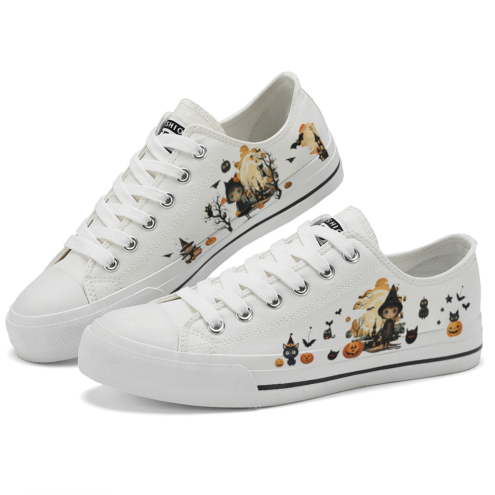 Halloween Castle Witch Kids Low Top Canvas Shoes