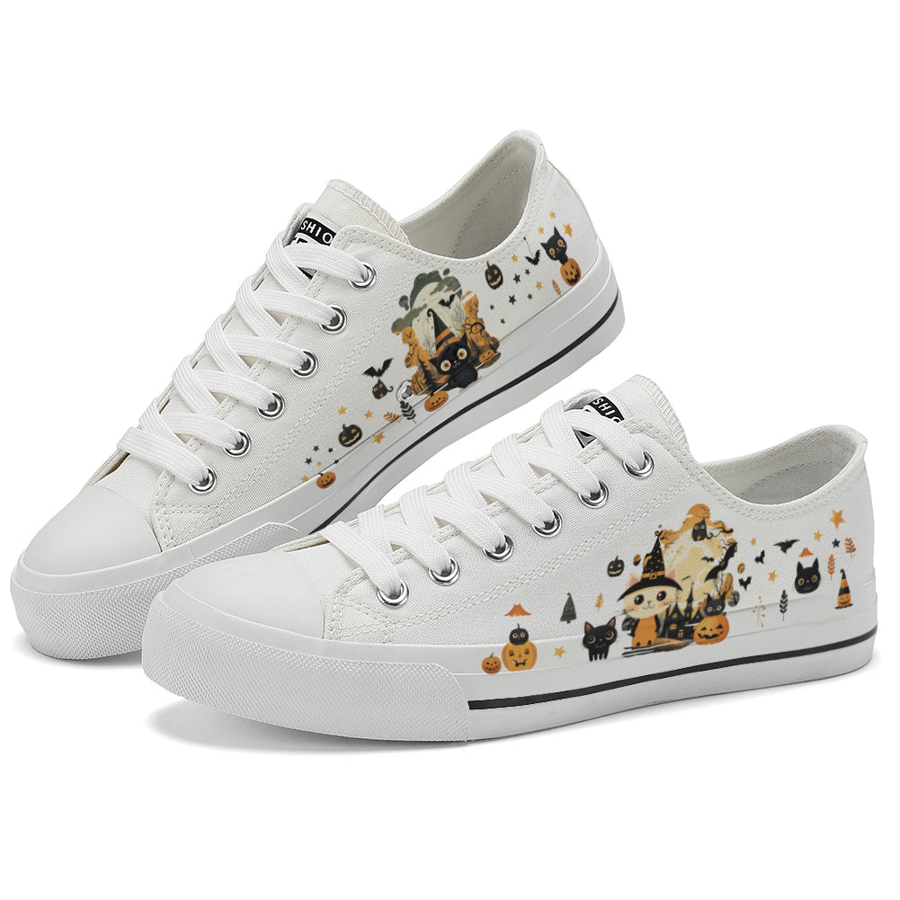 Halloween Castle Cat Kids Low Top Canvas Shoes