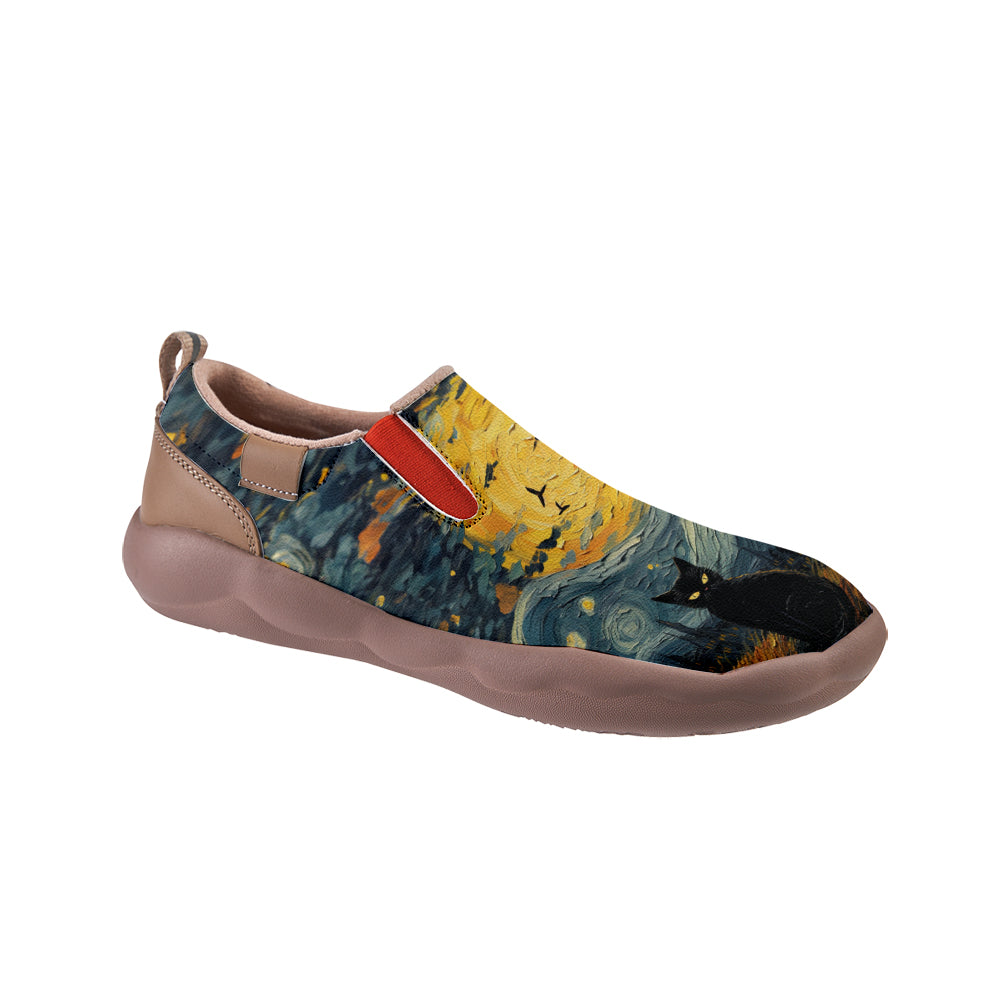 Starry Night Halloween Black Cat Slip On