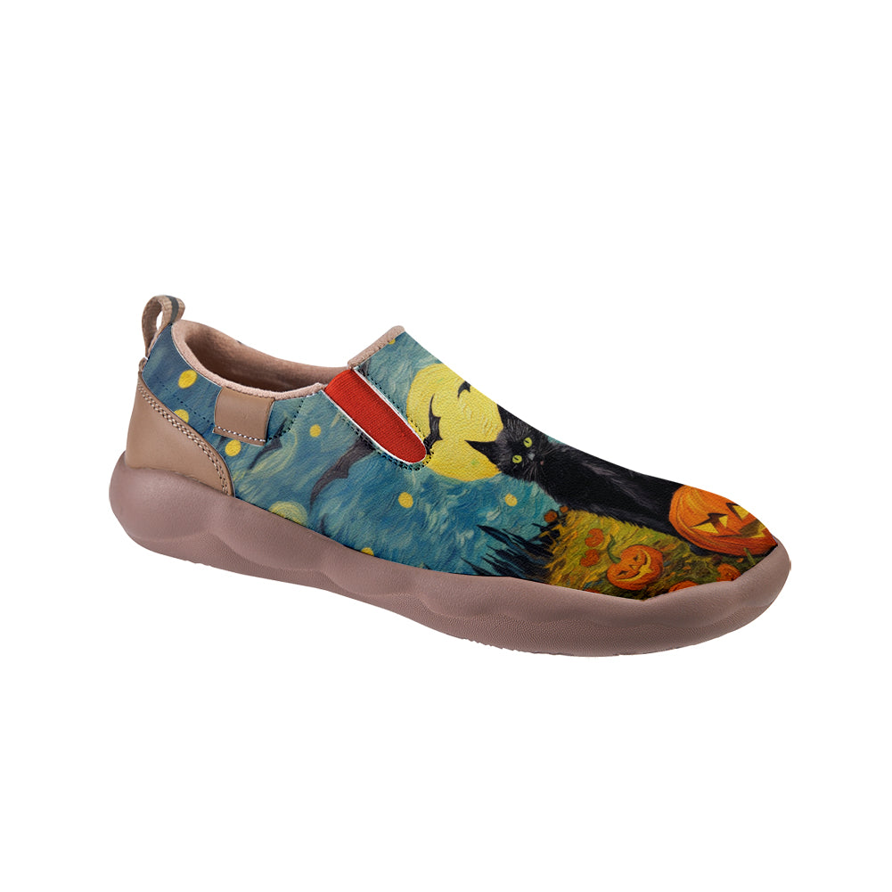 Starry Night Halloween Black Cat Pumpkin Slip On