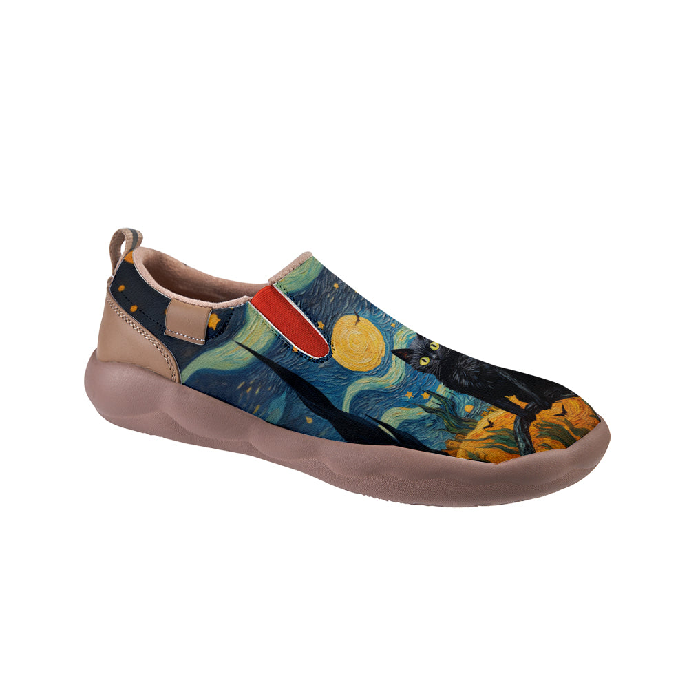 Starry Night Halloween Black Cat Kids Slip On