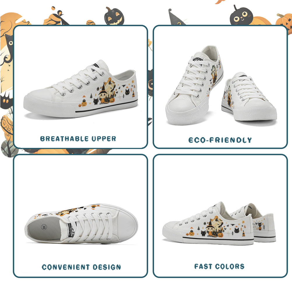 Halloween Castle Cat Kids Low Top Canvas Shoes