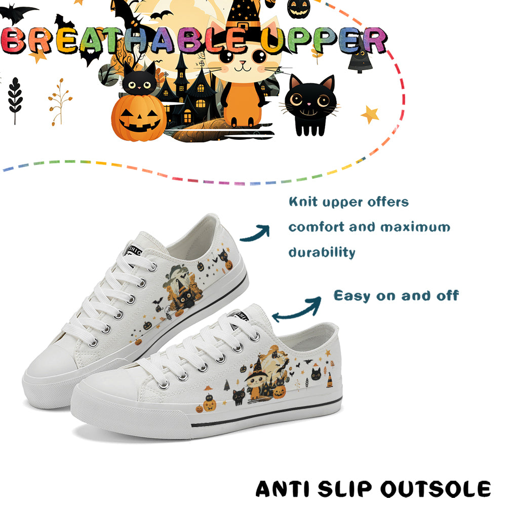 Halloween Castle Cat Kids Low Top Canvas Shoes