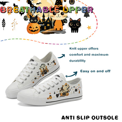 Halloween Castle Cat Kids Low Top Canvas Shoes