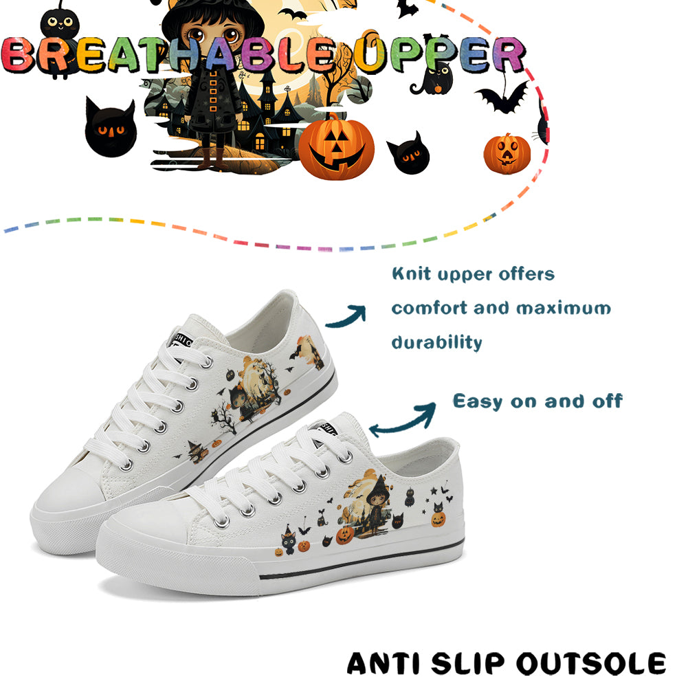 Halloween Castle Witch Kids Low Top Canvas Shoes