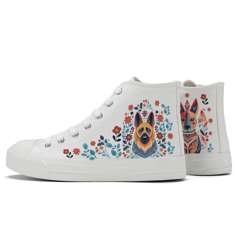 Floral German Shepherd High Top Canvas Shoes