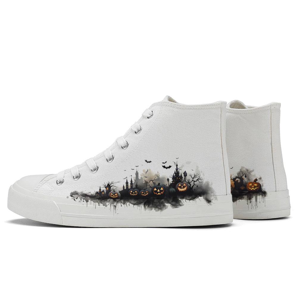 Halloween Ink Painting Pumpkin High Top Canvas Shoes