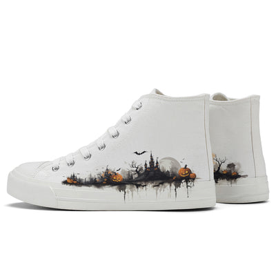 Halloween Ink Painting Pumpkin High Top Canvas Shoes