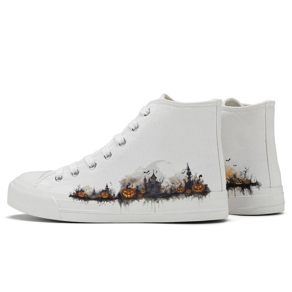 Halloween Ink Painting Pumpkin High Top Canvas Shoes