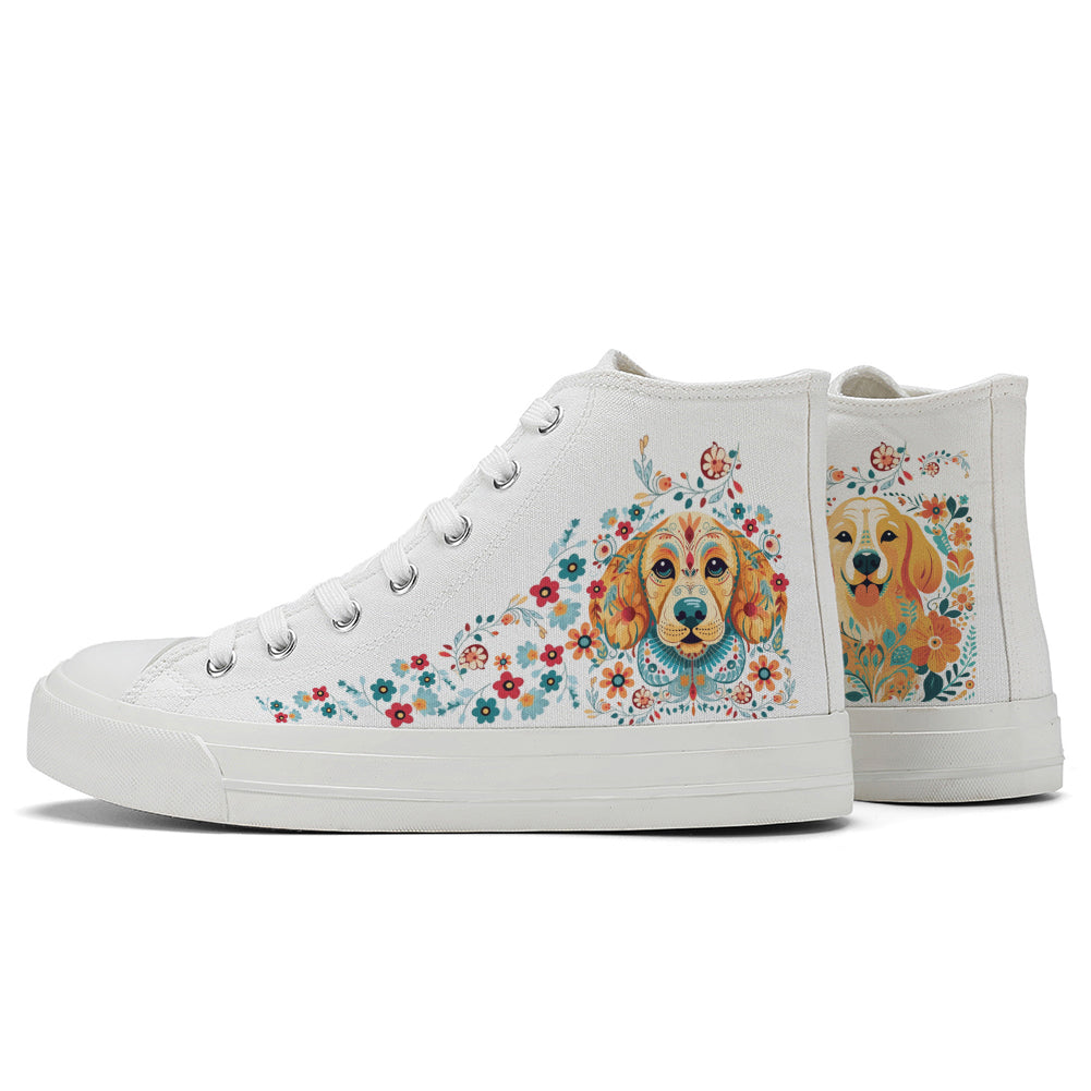 Floral Golden Retriever High Top Canvas Shoes