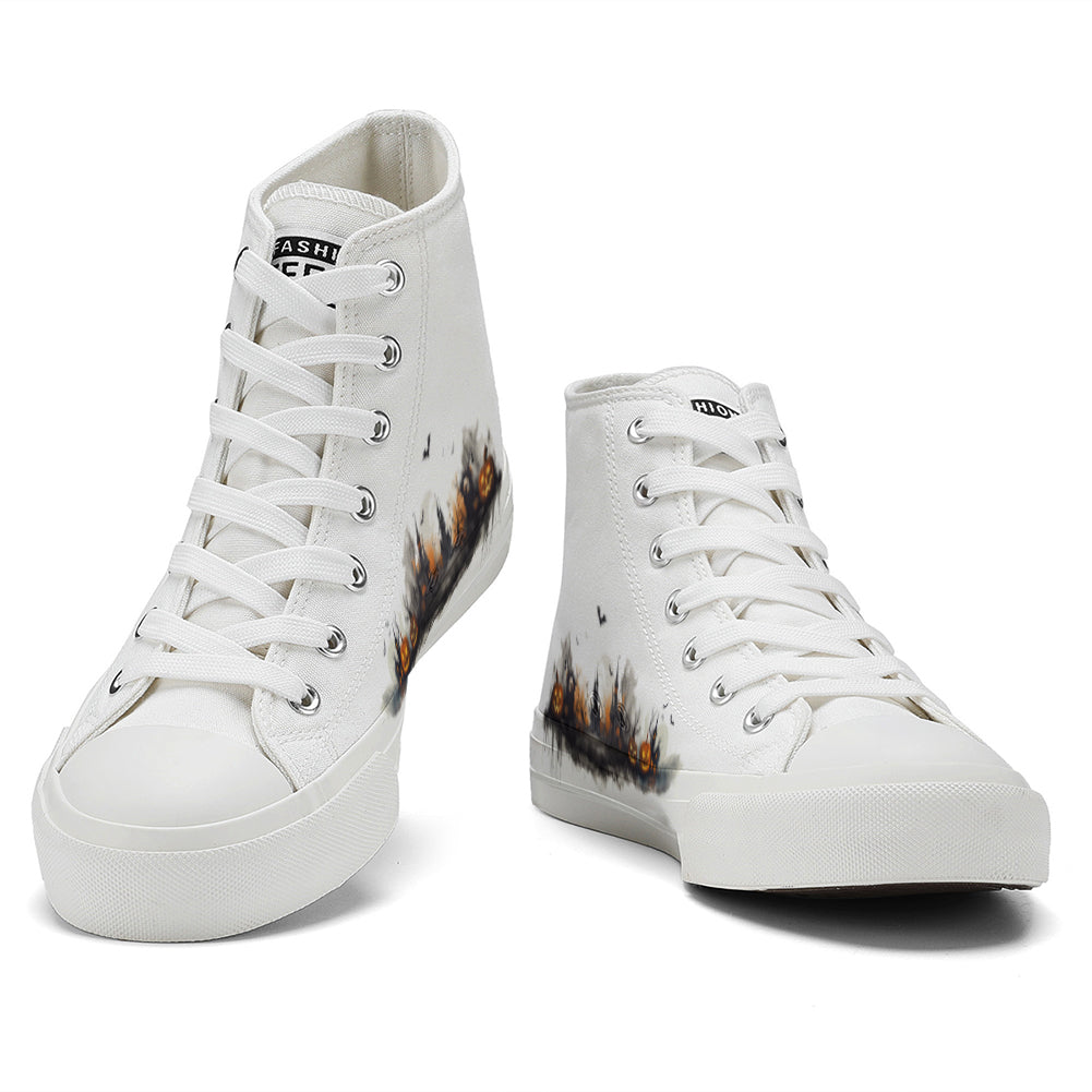 Halloween Ink Painting Pumpkin High Top Canvas Shoes