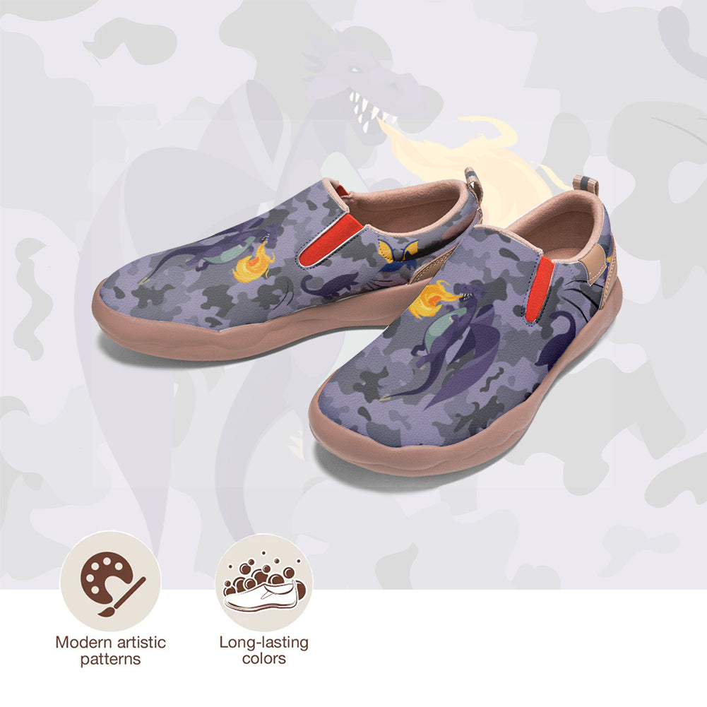 Purple Camouflage Fire Breathing Dinosaur Slip On