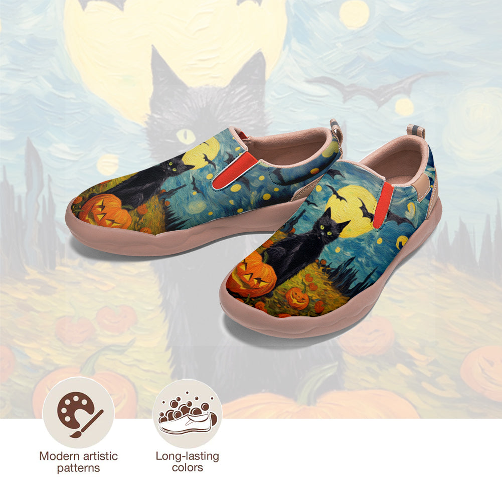 Starry Night Halloween Black Cat Pumpkin Slip On