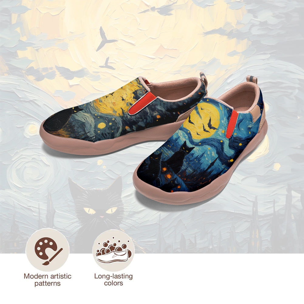 Starry Night Halloween Black Cat Slip On