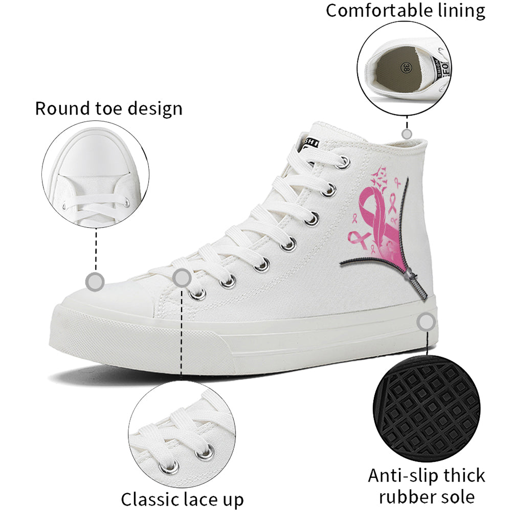 Zipper Breast Cancer High Top Canvas Shoes