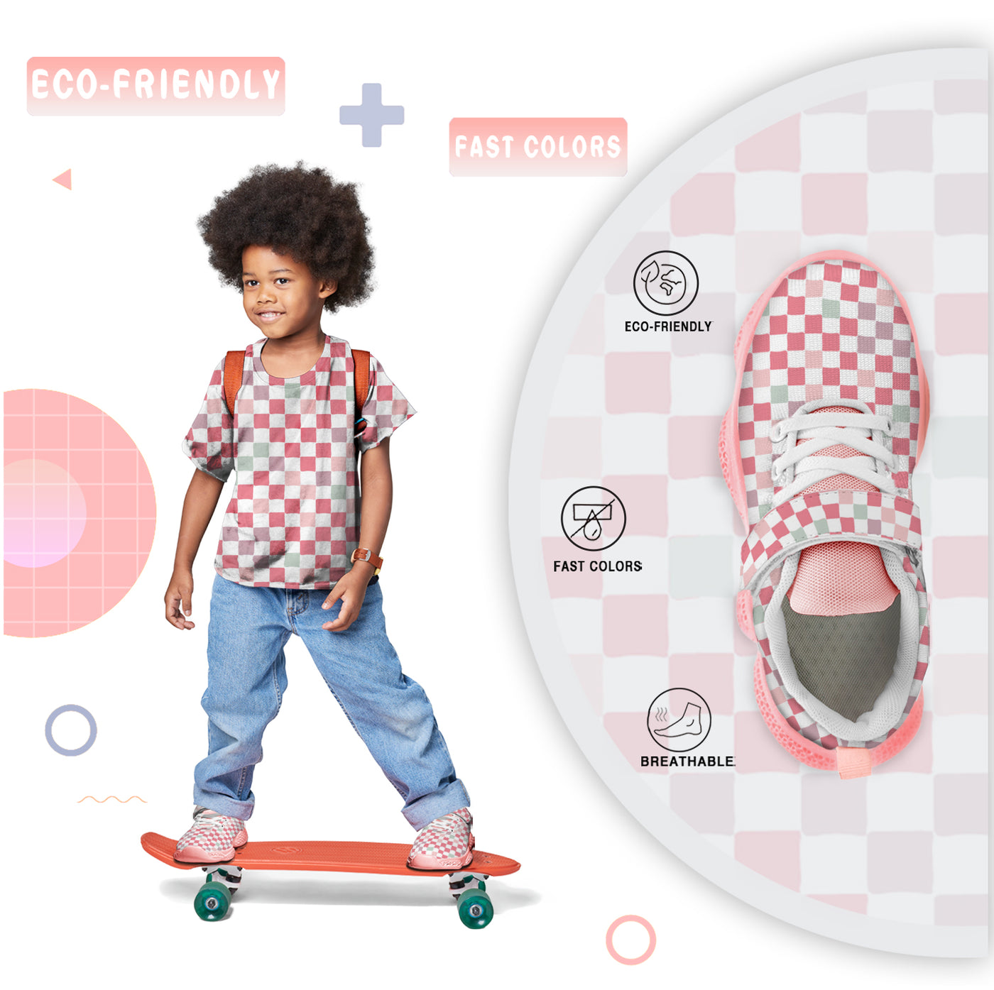 Pink Plaid Pattern Kids Running Shoes