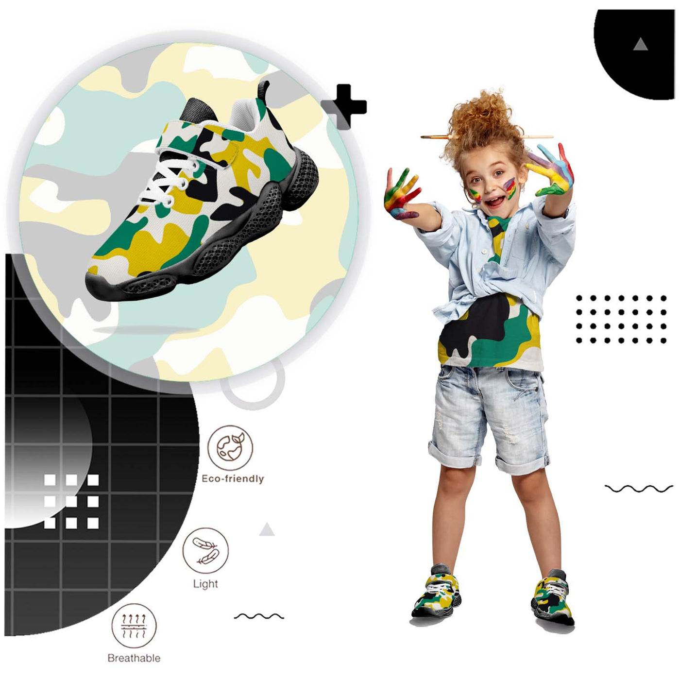 Yellow And Green Camouflage Kids Running Shoes