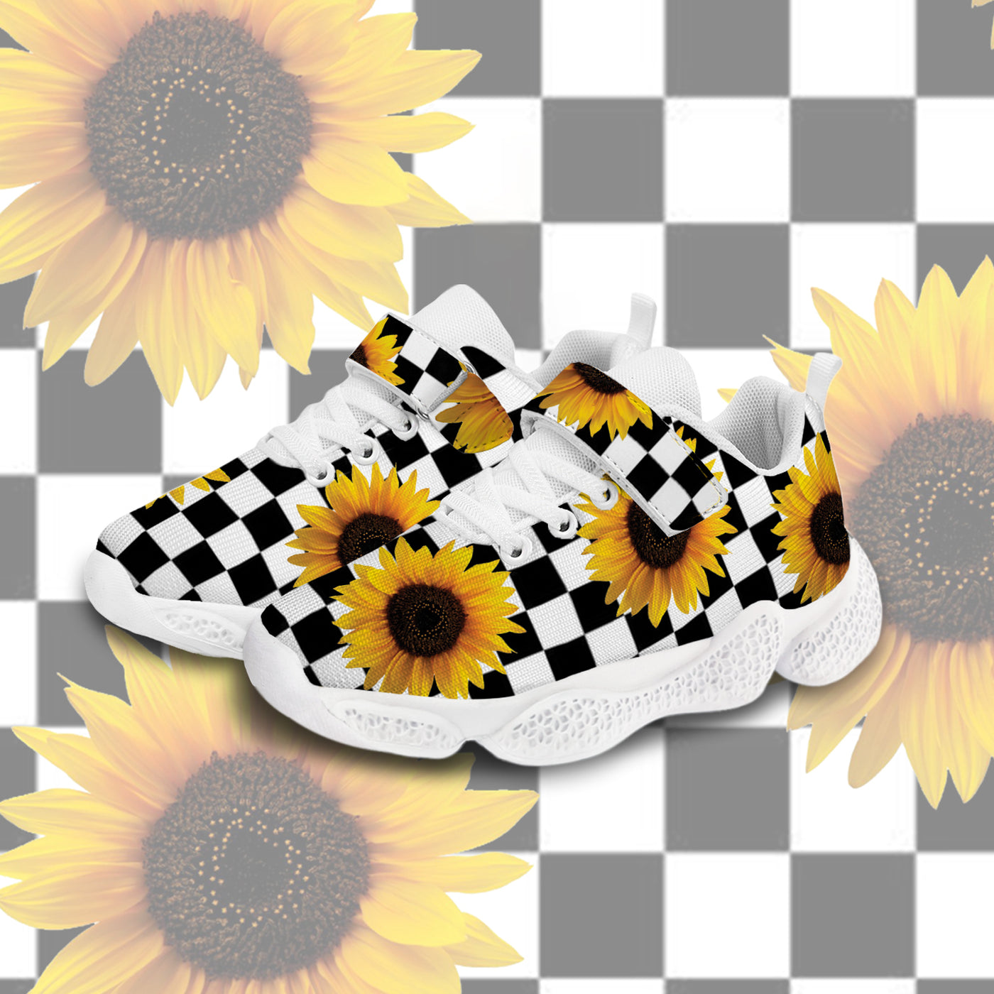 Checkerboard Sunflower Kids Running Shoes