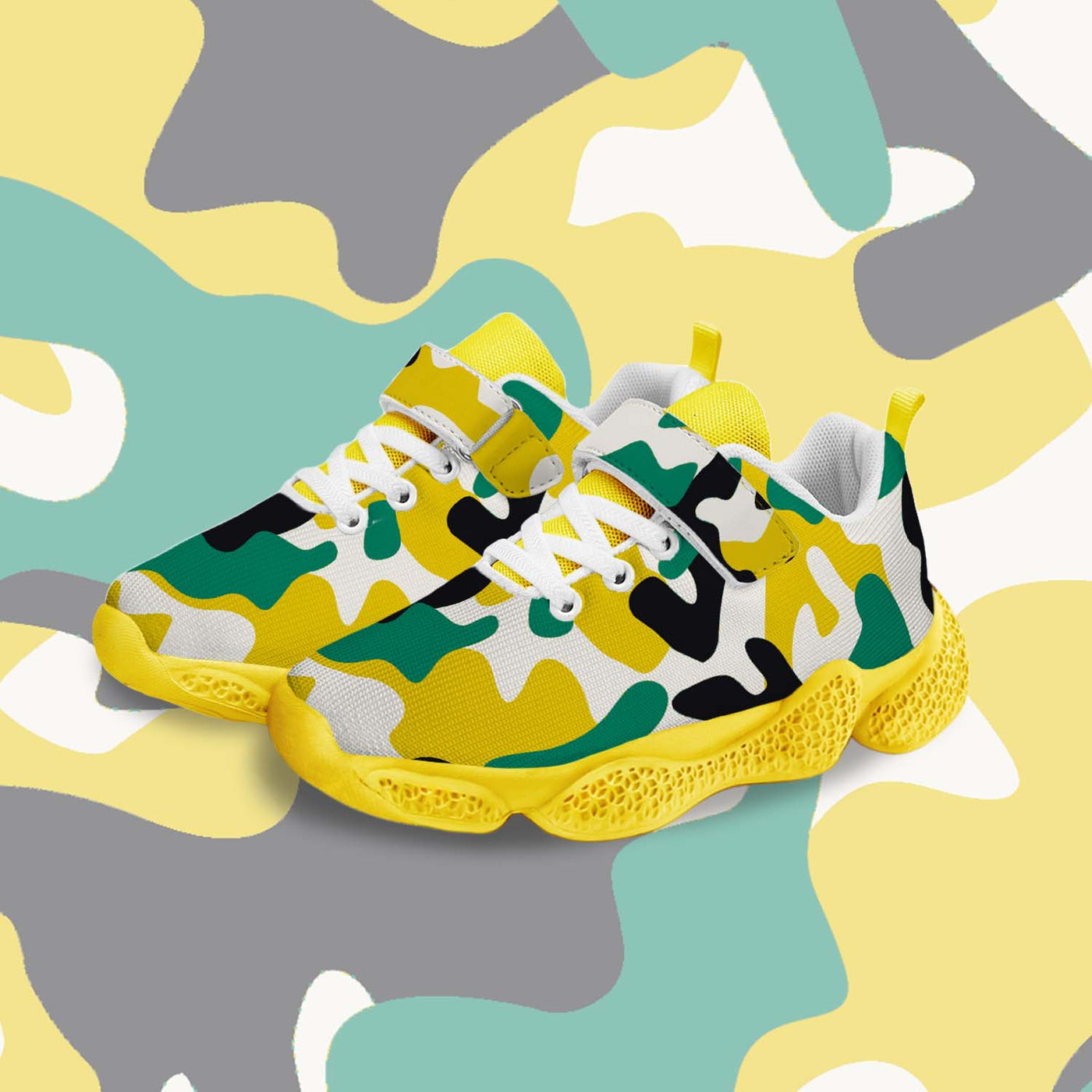 Yellow And Green Camouflage Kids Running Shoes