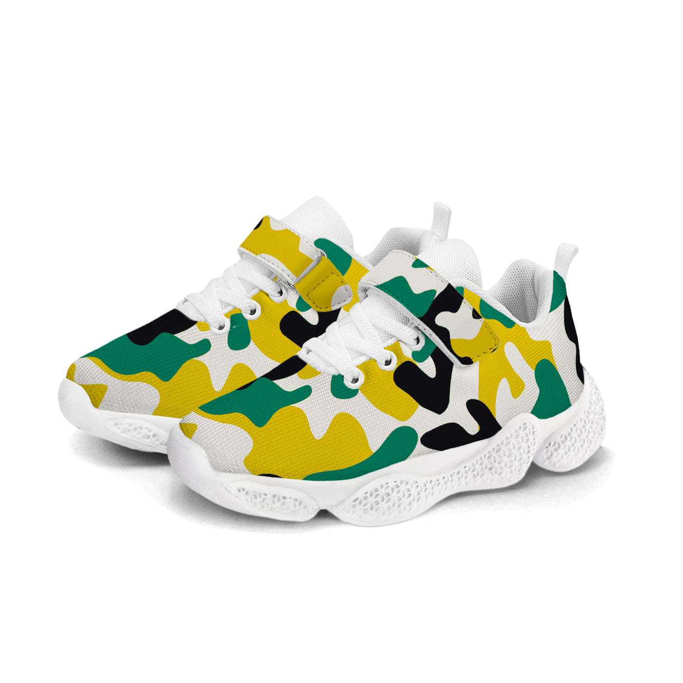 Yellow And Green Camouflage Kids Running Shoes