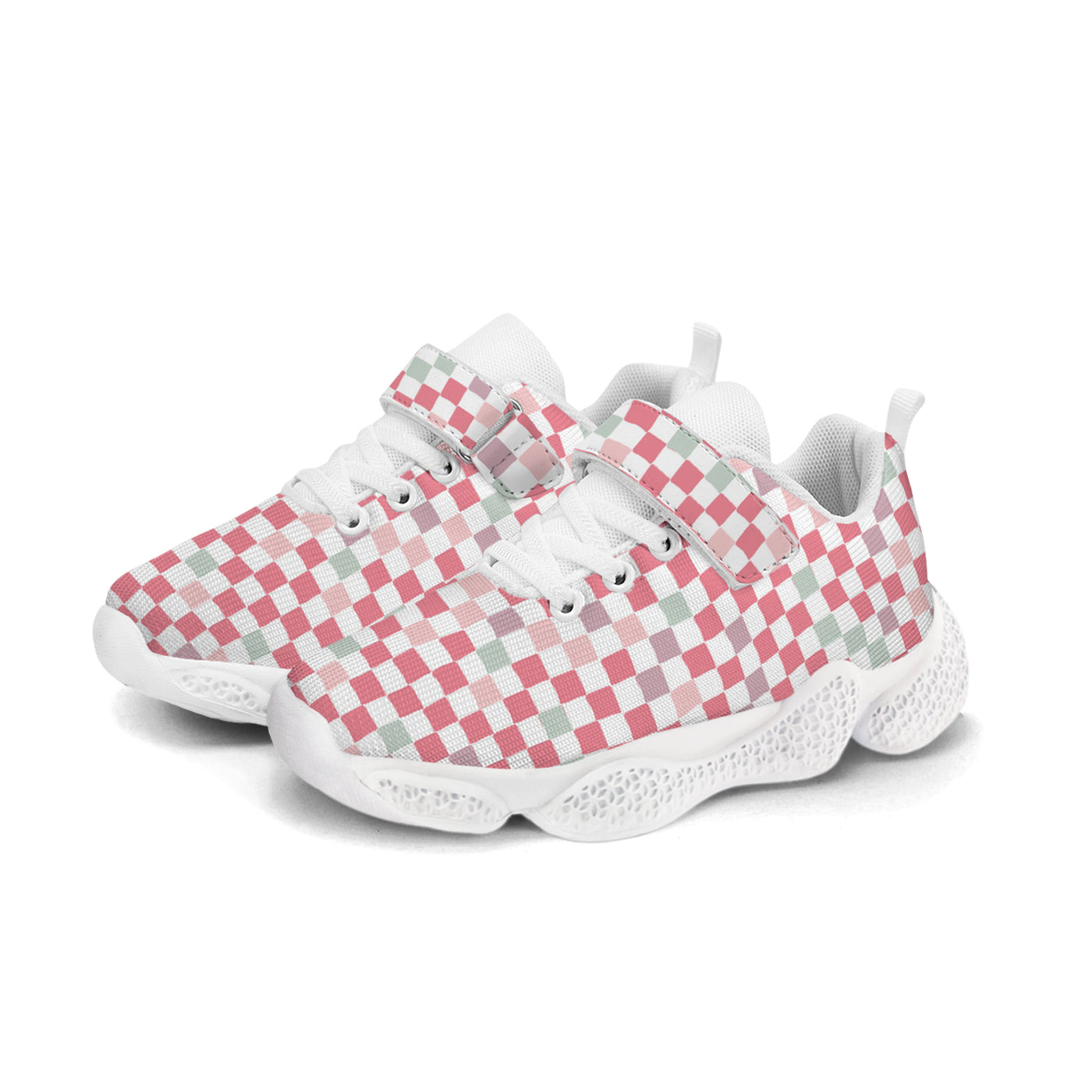 Pink Plaid Pattern Kids Running Shoes